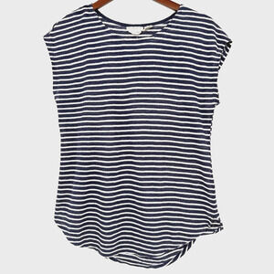 Christian Siriano Linen Top Womens Large Blue White Striped Short Sleeve
